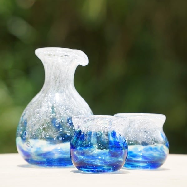 晩酌が楽しくなる酒器セット 青／ターコイズ【琉球ガラス工房 雫