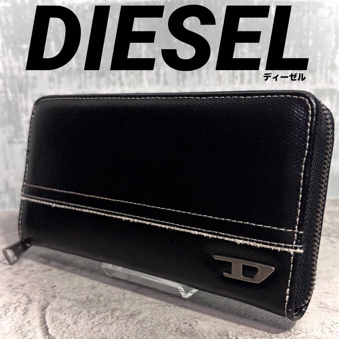 【まさやん！】DIESEL ディーゼル 長財布 ラウンドジップ ブラック DIESEL (ディーゼル) 切り替えレザー ストラップ付 ラウンドジップ 長